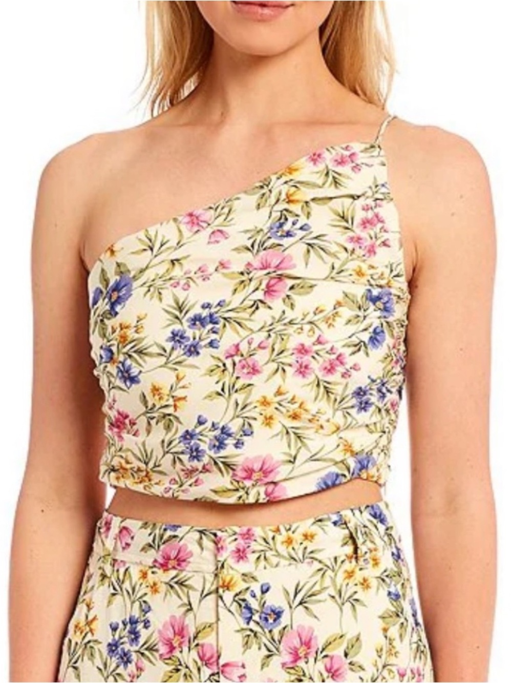 En Saison - Valeria Floral Print One Shoulder Ruched Crop Top - XS